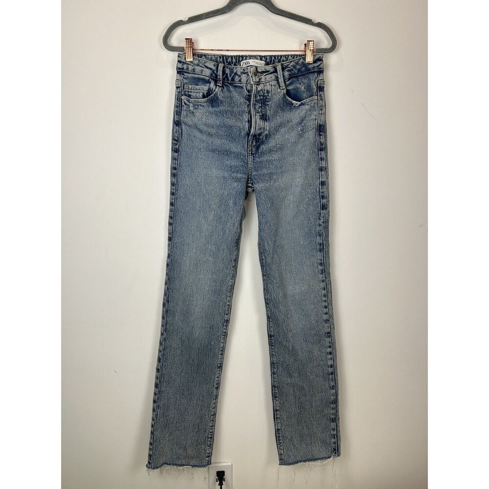 Zara Women’s HIGH RISE LONG LENGTH STRAIGHT JEANS Blue Size US 4 Stretch‎
